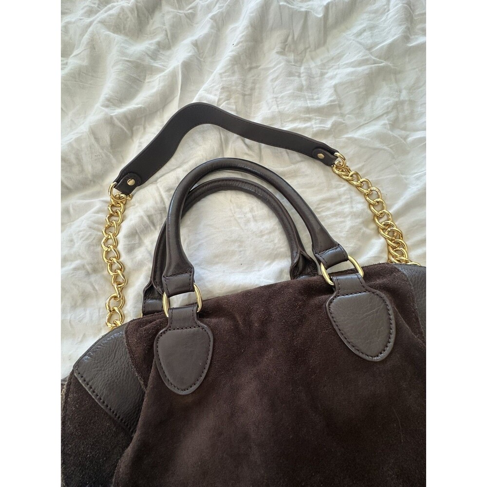 AUDREY BROOKE Brown Suede & Leather Crossbody Satchel Handbag W/ Chain Strap - Picture 10 of 16